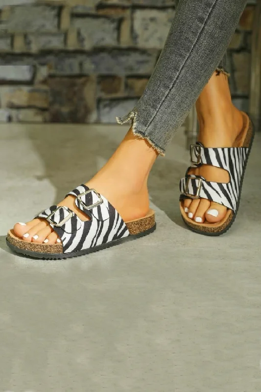 Women's Leather - Strapped Sandals with a Braided Detail in Brown for a Rustic AppealZEBRA DOUBLE BUCKLE STRAPPY SLIP ON SLIDER SANDALS