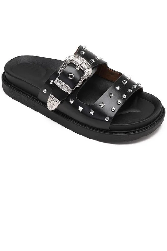 Women's Leather - Strapped Sandals with a Braided Detail in Brown for a Rustic AppealBLACK WESTERN BUCKLE STUDDED SLIDERS FLAT SANDALS