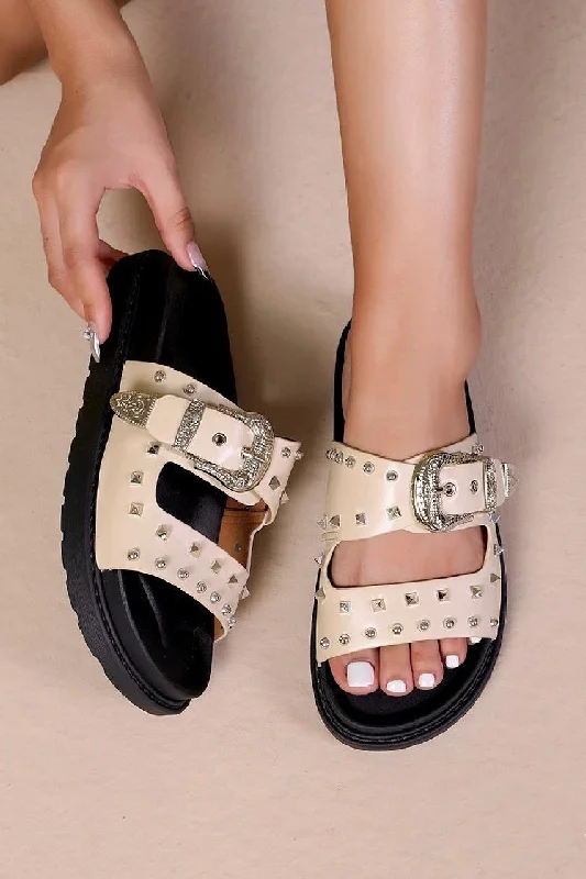 Women's Sandals with a Floral - Printed Upper in Pink for a Feminine Spring LookBEIGE WESTERN BUCKLE STUDDED SLIDERS FLAT SANDALS