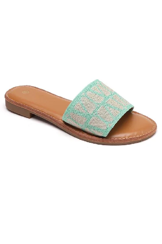 Women's Sandals with a Floral - Printed Upper in Pink for a Feminine Spring LookGREEN OPEN TOE FLAT SLIDERS SANDALS