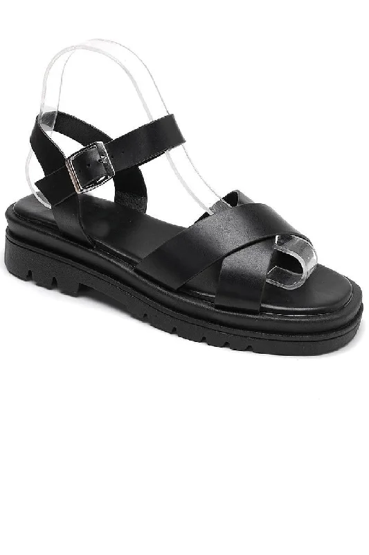 Women's Rhinestone - Embellished Open - Toe Sandals in Silver for a Glamorous Party LookBLACK CHUNKY FLAT PLATFORM ANKLE STRAP SUMMER SANDALS