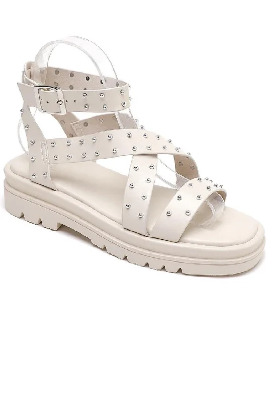 Women's Ankle - Strap Sandals with a Block Heel in Red for a Sophisticated StyleBEIGE CHUNKY FLAT PLATFORM STUDDED ANKLE STRAP SUMMER SANDALS