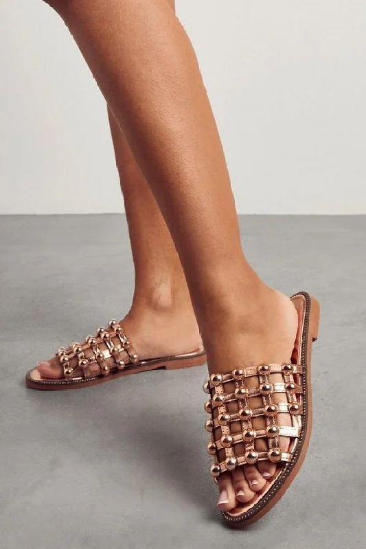 Women's Flat Slide Sandals with a Memory Foam Insole in White for All - Day ComfortRose gold Studded Caged Slider Sandals