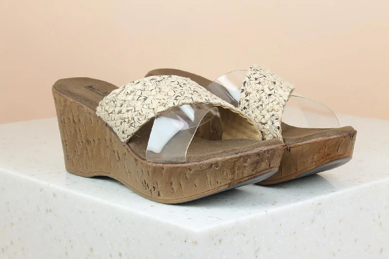 Women's Sandals with a Glitter - Coated Strap in Gold for a Sparkly Summer OutfitWomen Beige Textured Wedge Sandals