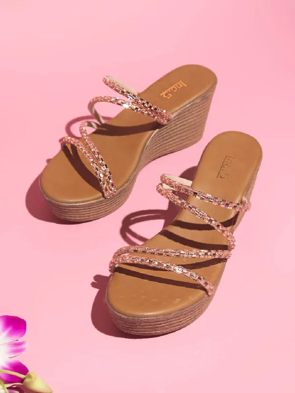 Women's Sandals with a Floral - Printed Upper in Pink for a Feminine Spring LookWomen Rose Gold Embellished Wedge Sandals
