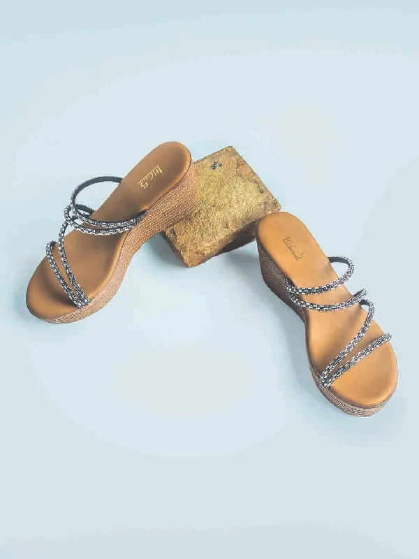 Waterproof Women's Rubber Beach Sandals with Arch Support in Blue for Water ActivitiesWomen Gun Metal Embellished Wedge Sandals