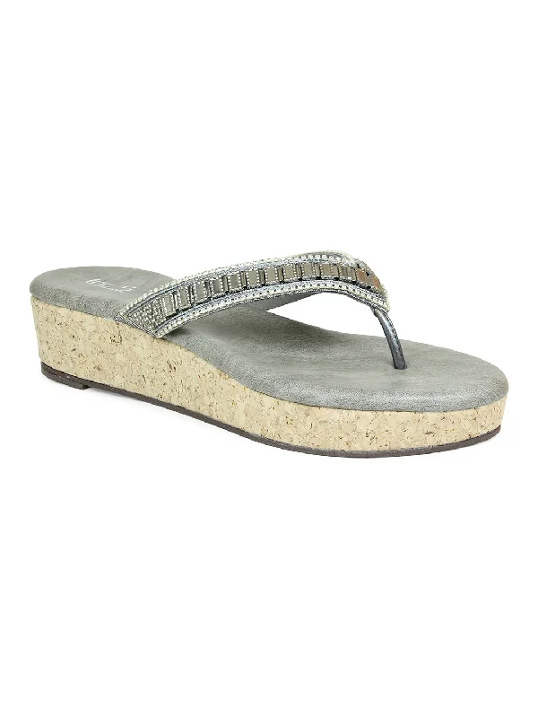 Waterproof Women's Rubber Beach Sandals with Arch Support in Blue for Water ActivitiesWomen Gun Metal Embellished Ethnic Wedge Sandals