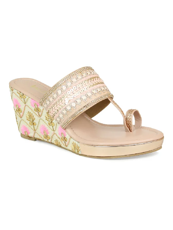 Women's Leather - Strapped Sandals with a Braided Detail in Brown for a Rustic AppealWomen Peach Embellished Ethnic Wedge Sandals