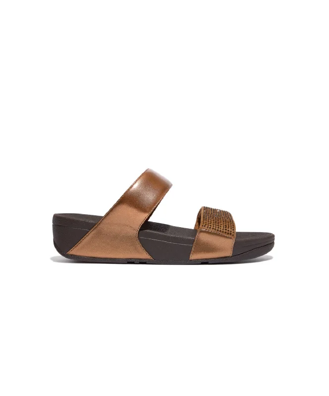 Women's Flat Slide Sandals with a Memory Foam Insole in White for All - Day ComfortFitflop Lulu Crystal Embellished Slides Bronze
