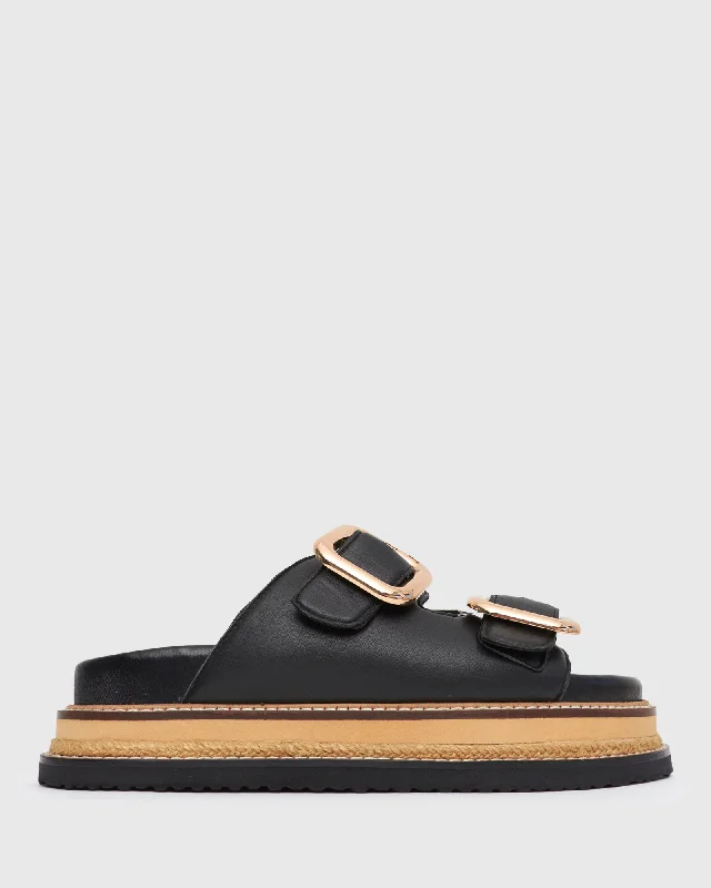 Plus Size Women's Wide - Width Platform Sandals in Black for Added Comfort and HeightPRE-ORDER HALO Leather Buckle Footbed Slides