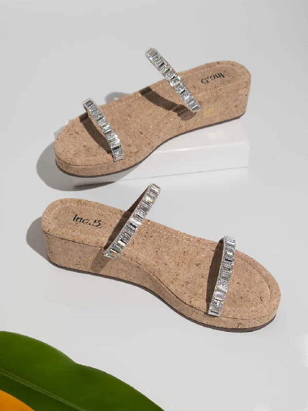 Sustainable Women's Recycled Material Sandals in Beige for Eco - Conscious ShoppersWomen Silver Embellished Wedge Sandals
