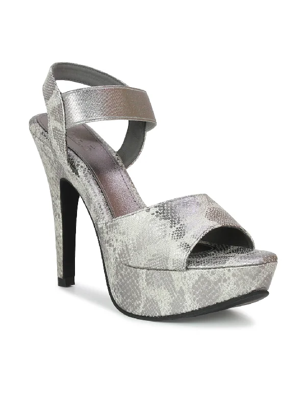 Women's Ankle - Strap Sandals with a Block Heel in Red for a Sophisticated StyleWomen Gun Metal Textured & Embellished Party Stiletto Sandals