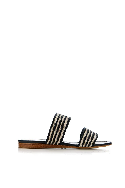 Women's Flat Slide Sandals with a Memory Foam Insole in White for All - Day ComfortLora Flat Sandal in Black & White Nappa Leather Crochet