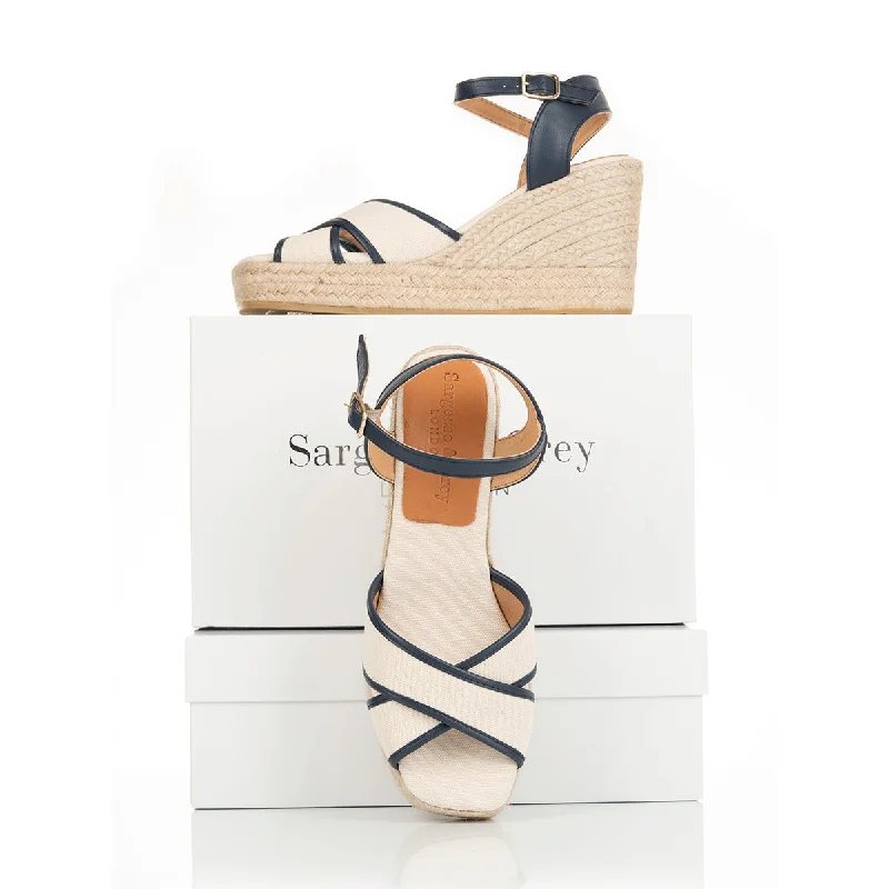 Women's Flat Slide Sandals with a Memory Foam Insole in White for All - Day ComfortLottie - Espadrille Wedge Sandal - Navy & Nude Canvas