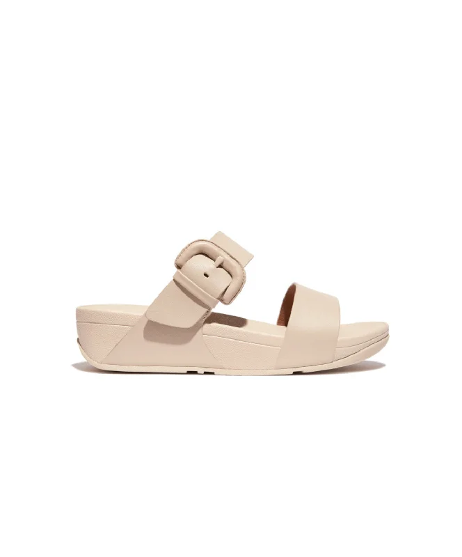 Women's Ankle - Strap Sandals with a Block Heel in Red for a Sophisticated StyleFitFlop Lulu Covered Buckle Raw Edge Leather Slide Stone Beige