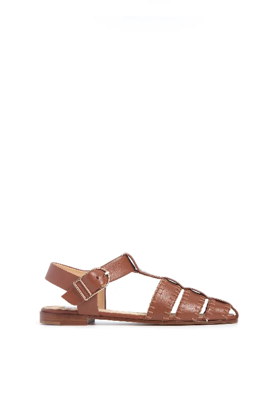 Sustainable Women's Recycled Material Sandals in Beige for Eco - Conscious ShoppersLynn Flat Sandal in Cognac Nappa Leather with Stitch