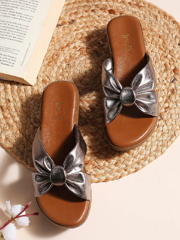 Sustainable Women's Recycled Material Sandals in Beige for Eco - Conscious ShoppersWomen Gun Metal Solid Wedge Sandals