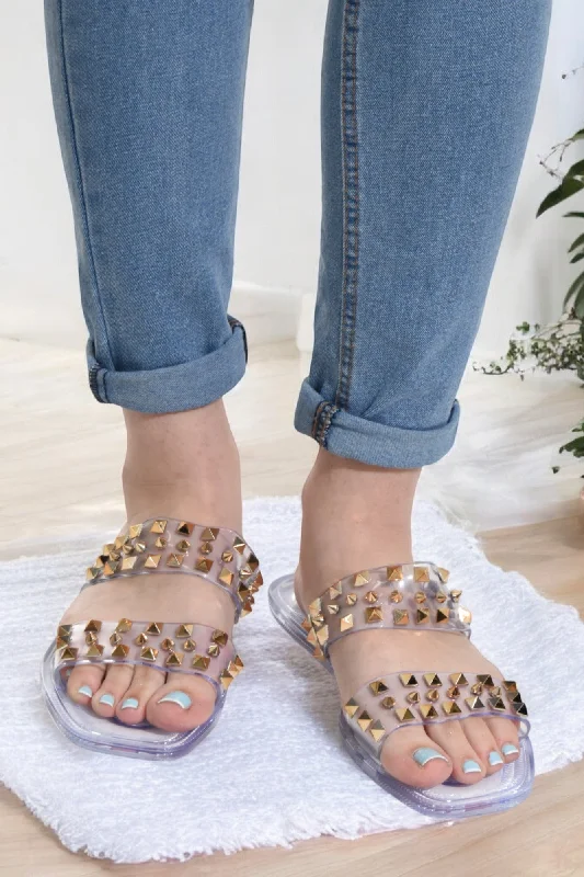 Shock - Absorbing Women's Sandals with a Soft Insole in Black for Active LifestylesStudded Decor Slide Sandals