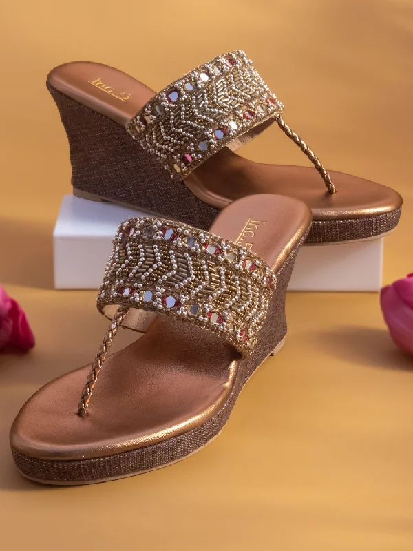 Women's Sandals with a Glitter - Coated Strap in Gold for a Sparkly Summer OutfitWomen Ant Gold Embellished Ethnic Wedge Sandals