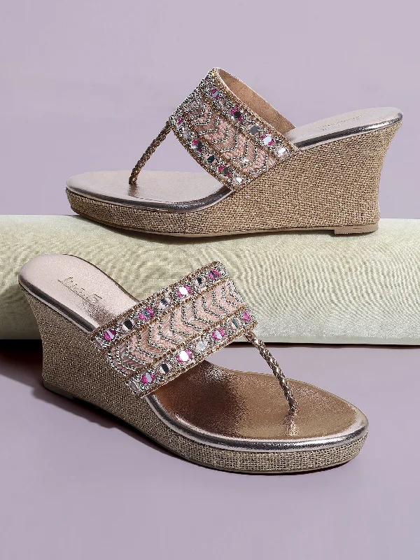 Women's Thong Sandals with a Beaded Design in Multicolor for a Beachy AestheticWomen Rose Gold Embellished Ethnic Wedge Sandals