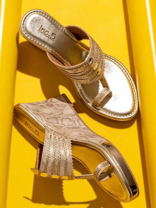 Women's Sandals with a Glitter - Coated Strap in Gold for a Sparkly Summer OutfitWomen Beige Ethnic design Wedge Sandals