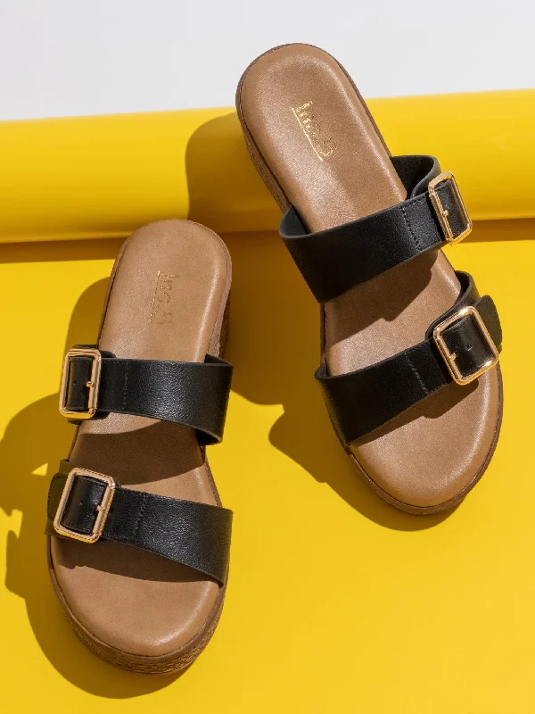 Sustainable Women's Recycled Material Sandals in Beige for Eco - Conscious ShoppersWomen Black Two Strap Wedge Sandals With Buckles