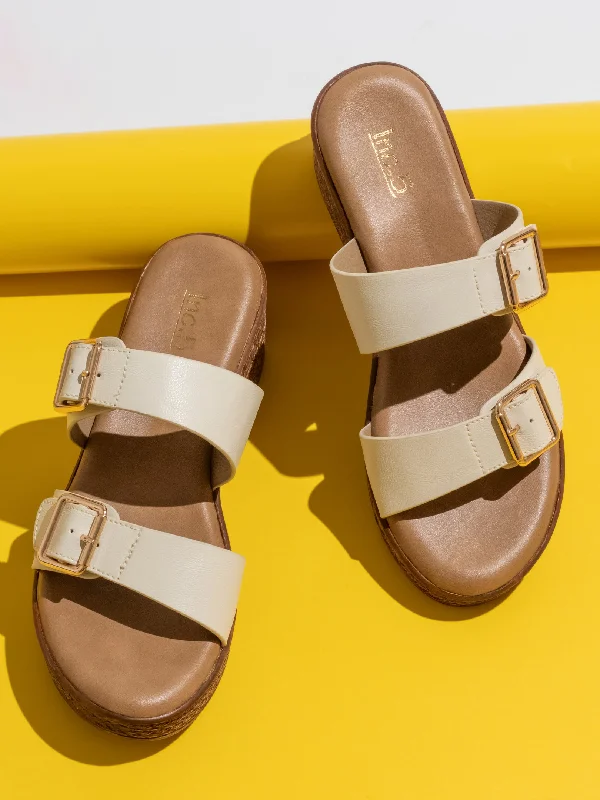 Women's Leather - Strapped Sandals with a Braided Detail in Brown for a Rustic AppealWomen Cream Two Strap Wedge Sandals With Buckles