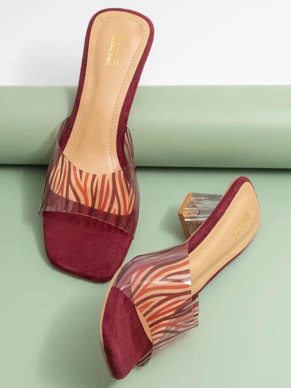 Women's Sandals with a Floral - Printed Upper in Pink for a Feminine Spring LookWomen Maroon Transparent & Striped Block Heel Sandals