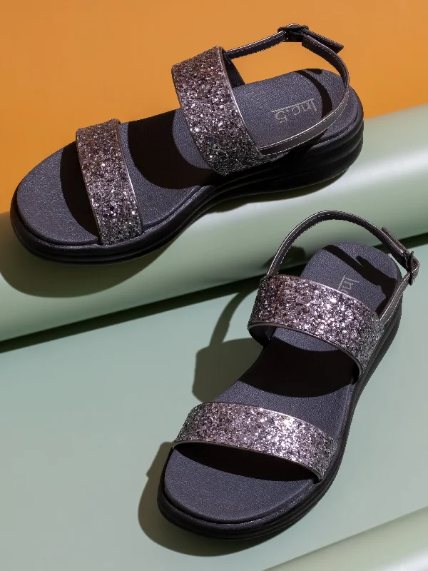 Women's Sandals with a Wedge Heel and a Tassel Detail in Orange for a Trendy LookWomen Pewter Embellished Open Toe Comfort Sandals with Buckles