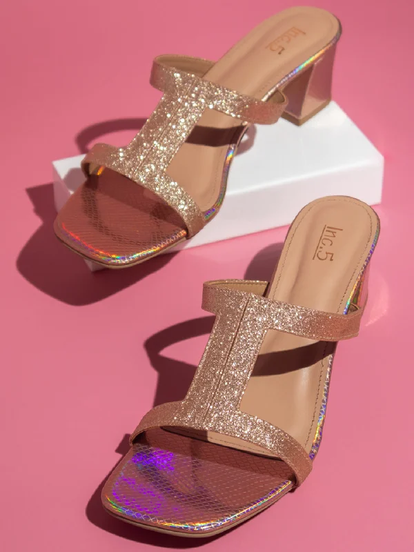 Women's Sandals with a Glitter - Coated Strap in Gold for a Sparkly Summer OutfitWomen Rose Gold Embellished Block Sandals
