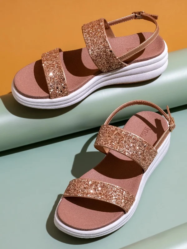 Women's Ankle - Strap Sandals with a Block Heel in Red for a Sophisticated StyleWomen Rose Gold Embellished Open Toe Comfort Sandals with Buckles