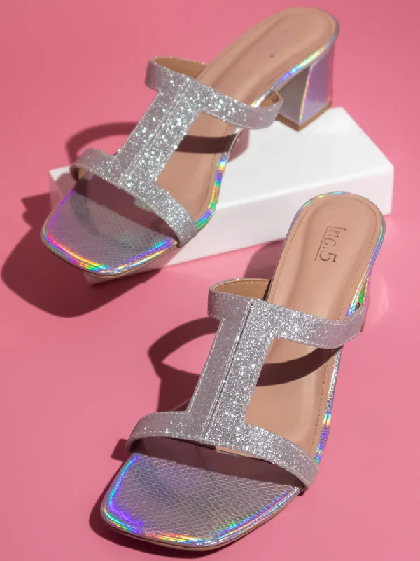 Women's Ankle - Strap Sandals with a Block Heel in Red for a Sophisticated StyleWomen Silver Embellished Block Sandals