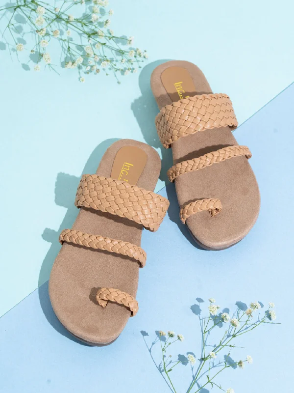 Women's Leather - Strapped Sandals with a Braided Detail in Brown for a Rustic AppealWomens Beige Casual Solid Round Toe Sandals