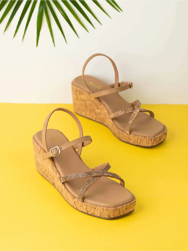 Women's Leather - Strapped Sandals with a Braided Detail in Brown for a Rustic AppealWomens Beige Party Wear Ethnic Striped Wedge Heel Sandals