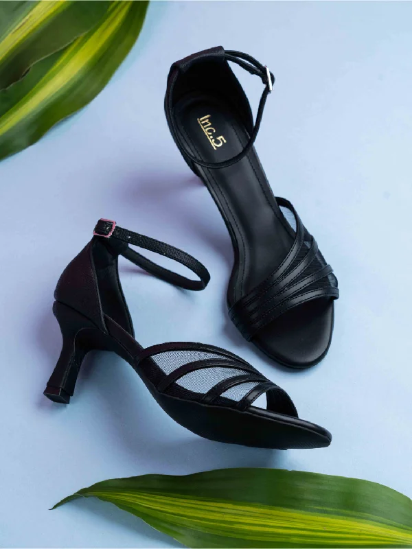 Women's Ankle - Strap Sandals with a Block Heel in Red for a Sophisticated StyleWomens Black Party Wear Transparent Round Toe Heel Sandals