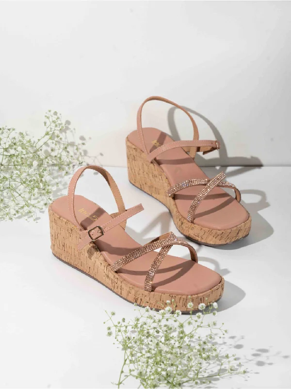 Women's Sandals with a Wedge Heel and a Tassel Detail in Orange for a Trendy LookWomens Peach Party Wear Ethnic Striped Wedge Heel Sandals