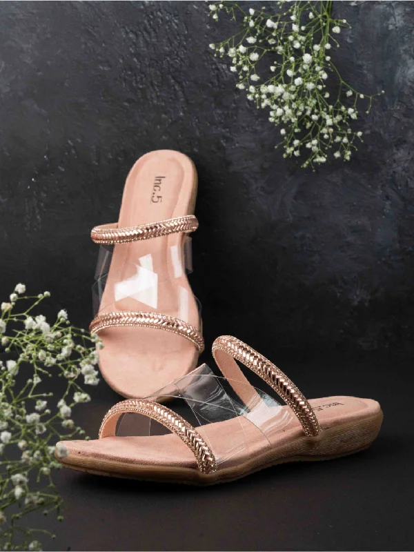 Women's Strappy Gladiator Sandals with Buckle Closures in Tan for a Boho LookWomens Rose Gold Casual Transparent Ethnic Round Toe Flat sandals