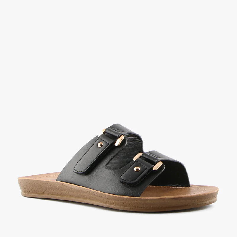 Women's Flat Slide Sandals with a Memory Foam Insole in White for All - Day ComfortZADIE BLACK