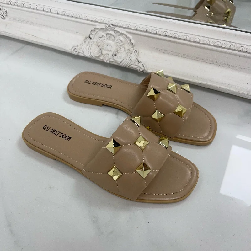 Women's Rhinestone - Embellished Open - Toe Sandals in Silver for a Glamorous Party Look Women's Rhinestone - Embellished Open - Toe Sandals in Silver for a Glamorous Party Look Women's Leather - Strapped Sandals with a Braided Detail in Brown for a Rustic AppealAfia - Nude Gold Studs Quilted Sandals