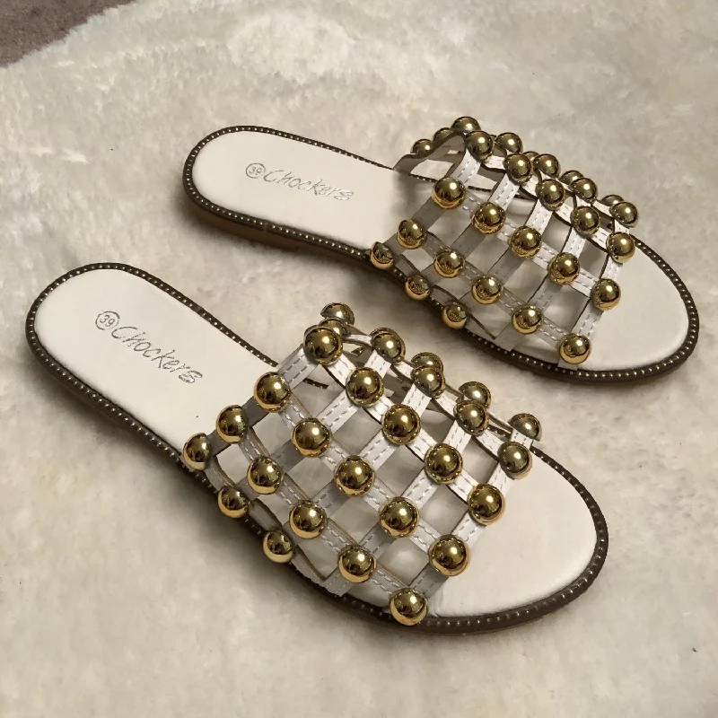 Women's Rhinestone - Embellished Open - Toe Sandals in Silver for a Glamorous Party Look Women's Rhinestone - Embellished Open - Toe Sandals in Silver for a Glamorous Party Look Women's Thong Sandals with a Beaded Design in Multicolor for a Beachy AestheticElouise - White Gold Ball Slider Sandals