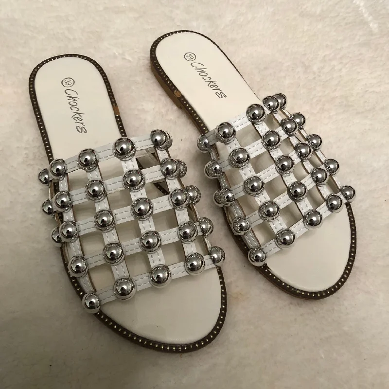 Women's Thong Sandals with a Beaded Design in Multicolor for a Beachy Aesthetic Women's Thong Sandals with a Beaded Design in Multicolor for a Beachy Aesthetic Women's Flat Slide Sandals with a Memory Foam Insole in White for All - Day ComfortElouise - White Silver Ball Slider Sandals