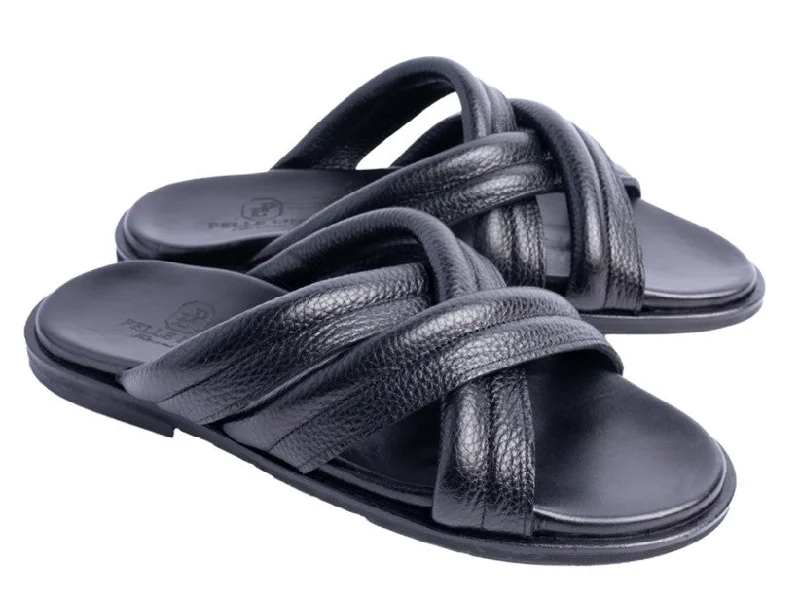 Women's Sandals with a Glitter - Coated Strap in Gold for a Sparkly Summer Outfit Women's Sandals with a Glitter - Coated Strap in Gold for a Sparkly Summer Outfit Anti - Slip Women's Sandals with a Grooved Sole in Green for Outdoor AdventuresPelle "Balaer" Slip-On Calfskin Sandal Black
