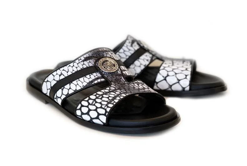 Women's Thong Sandals with a Beaded Design in Multicolor for a Beachy Aesthetic Women's Thong Sandals with a Beaded Design in Multicolor for a Beachy Aesthetic Women's Flat Slide Sandals with a Memory Foam Insole in White for All - Day ComfortPelle "Vinnie" Slip-On Calfskin Sandal Black/White