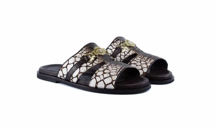 Women's Sandals with a Wedge Heel and a Tassel Detail in Orange for a Trendy Look Women's Sandals with a Wedge Heel and a Tassel Detail in Orange for a Trendy Look Shock - Absorbing Women's Sandals with a Soft Insole in Black for Active LifestylesPelle "Vinnie" Slip-On Calfskin Sandal Brown/White