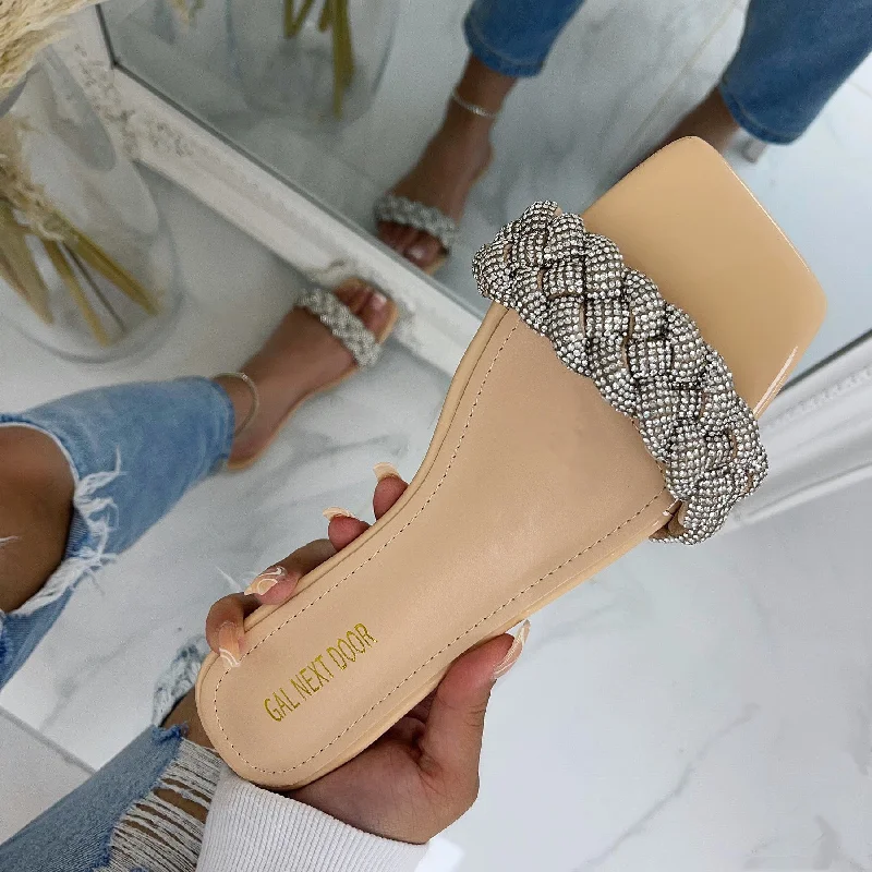 Women's Sandals with a Glitter - Coated Strap in Gold for a Sparkly Summer Outfit Women's Sandals with a Glitter - Coated Strap in Gold for a Sparkly Summer Outfit Elastic - Strap Women's Sandals with a Padded Toe in Teal for Easy On - and - OffRoyalty - Nude with Diamanté Plaited Detail Square Toe Slip On Flat Sandals Women's Sandals with a Glitter - Coated Strap in Gold for a Sparkly Summer Outfit Women's Sandals with a Glitter - Coated Strap in Gold for a Sparkly Summer Outfit Elastic - Strap Women's Sandals with a Padded Toe in Teal for Easy On - and - OffRoyalty - Nude with Diamanté Plaited Detail Square Toe Slip On Flat Sandals