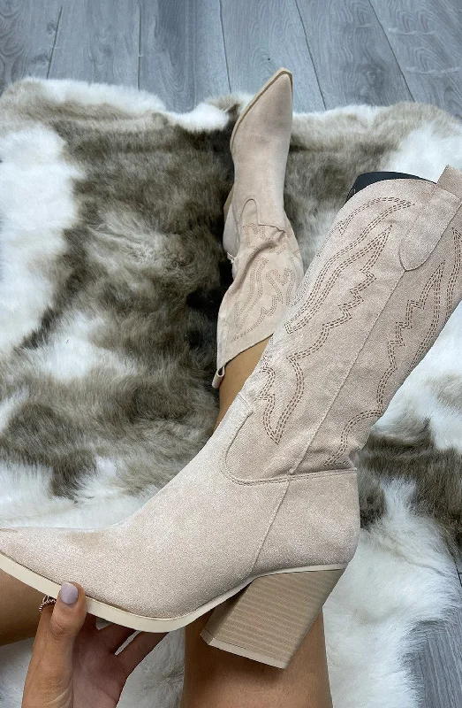 women's ankle boots with embroideryBeige Mid Calf Almond Toe Embroidered Cowboy Boot