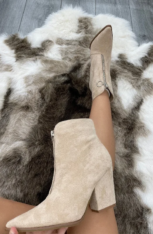 women's ankle boots with tasselBeige Classic Zip Up Faux Suede Heeled Cowboy Boot