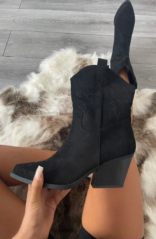 women's ankle boots for fashion-forwardBlack Embroidered Faux Suede Heeled Cowboy Boot women's ankle boots for fashion-forwardBlack Embroidered Faux Suede Heeled Cowboy Boot