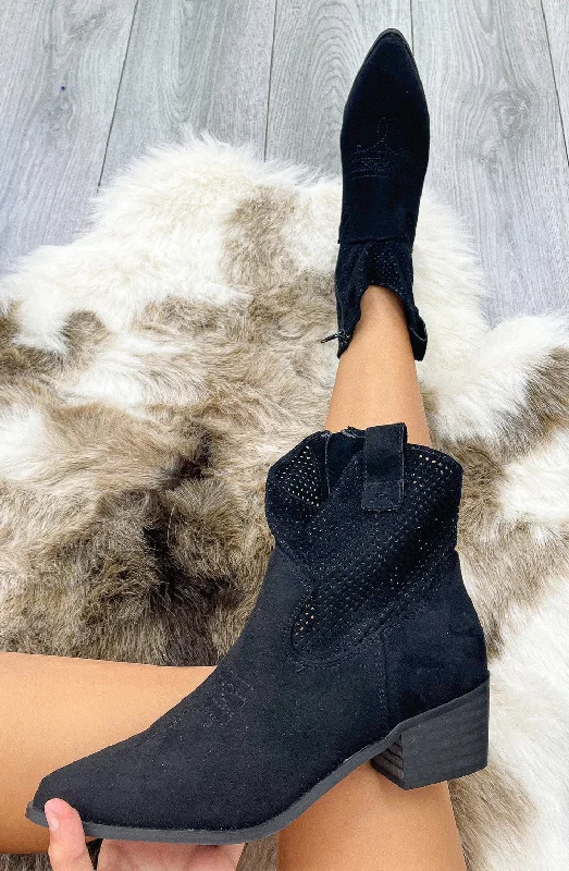 women's ankle boots with elastic sidesBlack Low Rise Cut Out Cowboy Boot