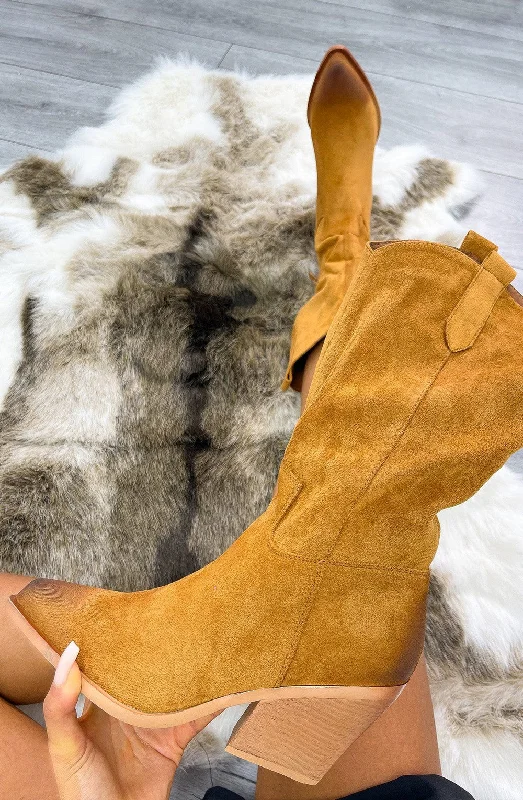 women's ankle boots with strapsCamel Mid Calf High Toe Detail Cowboy Boot